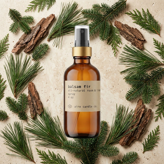 Aire Candle Co. Balsam Fir Essential Oil Scented Room Spray Showcasing Scent Notes of Fir Needle, Pine, Cypress and Cedarwood Essential Oils.