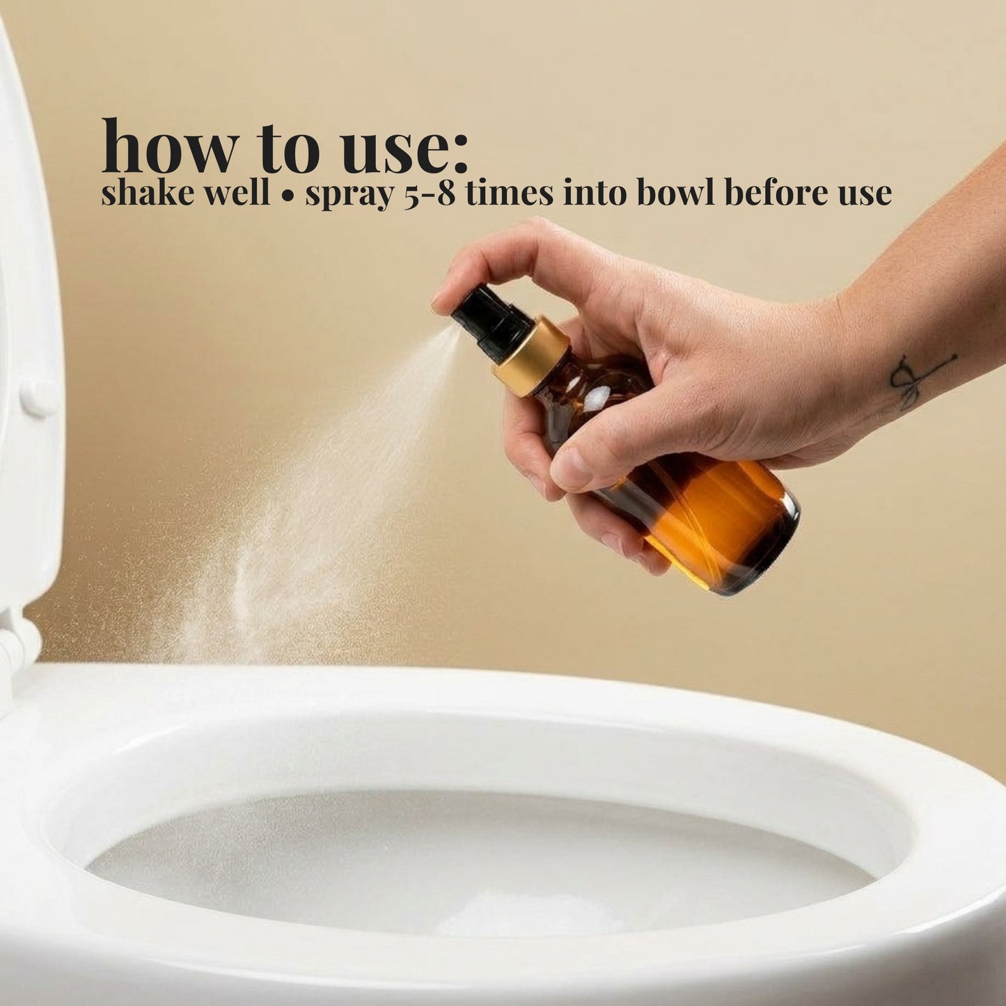 Hand holding a Spruce & Pine toilet bowl spray bottle over a toilet bowl with usage instructions on a beige background. How to use: shake well & spray 5-8 times into bowl before use.