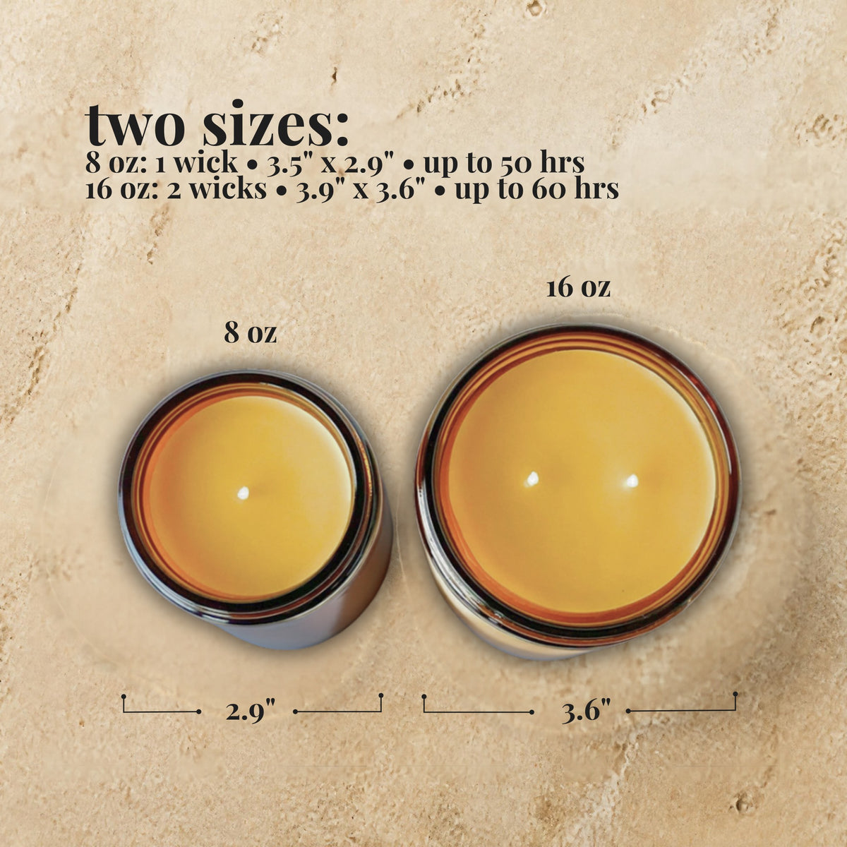 Two beeswax candles with measurements and sizes displayed on a textured beige background. Single wick (8 oz) measures 3.5" x 2.9" and burns up to 50 hours. Double wick (16 oz) measures 3.9" x 3.6" and burns up to 60 hours.