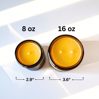 Two candles in glass jars with measurements labeled on a light background