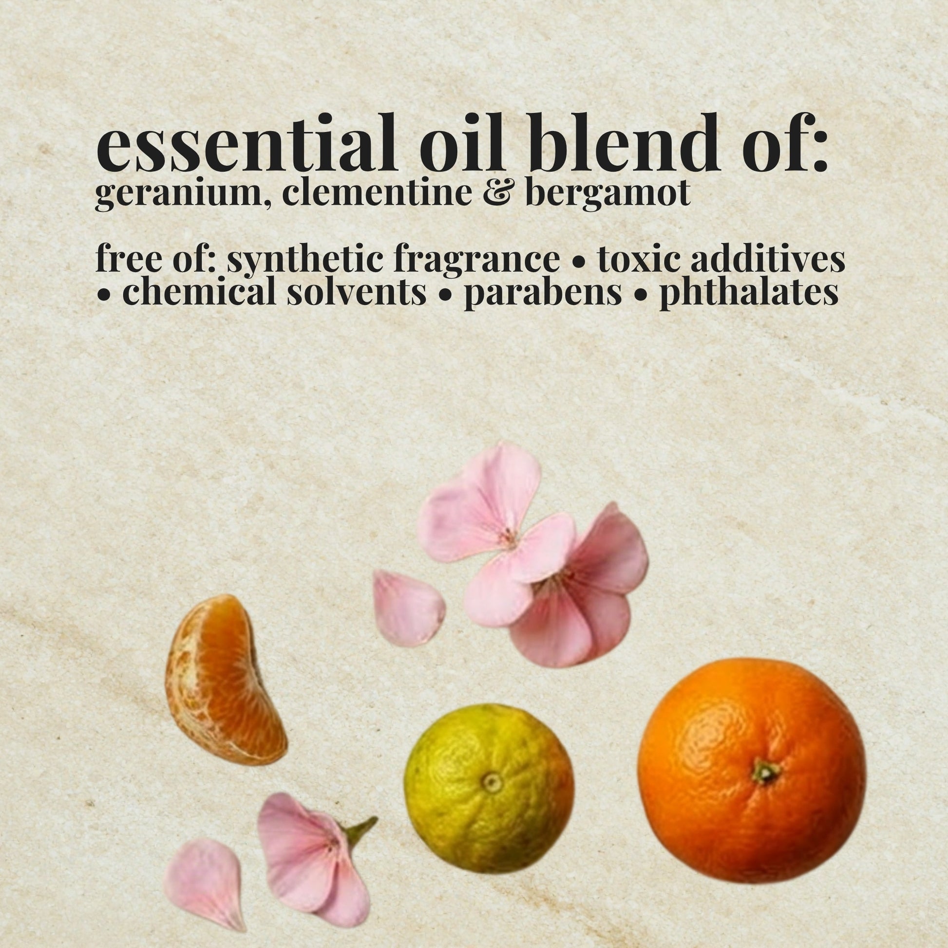 Aire Candle Co. Geranium Peel Essential Oil Blend Ingredient List which includes Essential Oils of Geranium, Bergamot and Clementine.