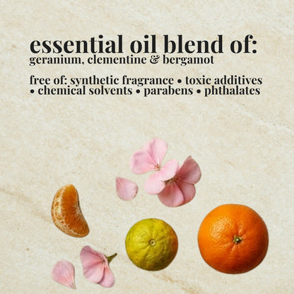 Aire Candle Co. Geranium Peel Essential Oil Blend Ingredient List which includes Essential Oils of Geranium, Bergamot and Clementine.