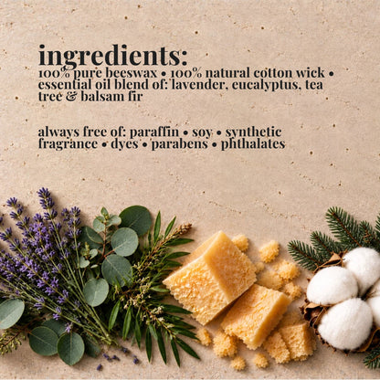 Ingredients list for aire candle co.'s lav eu candle with natural materials on a textured background