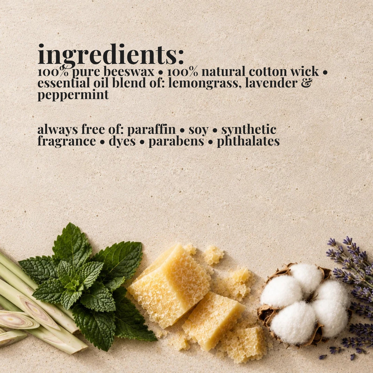 Ingredients list for aire candle co.'s lemongrass elixir candle with natural materials on a textured background