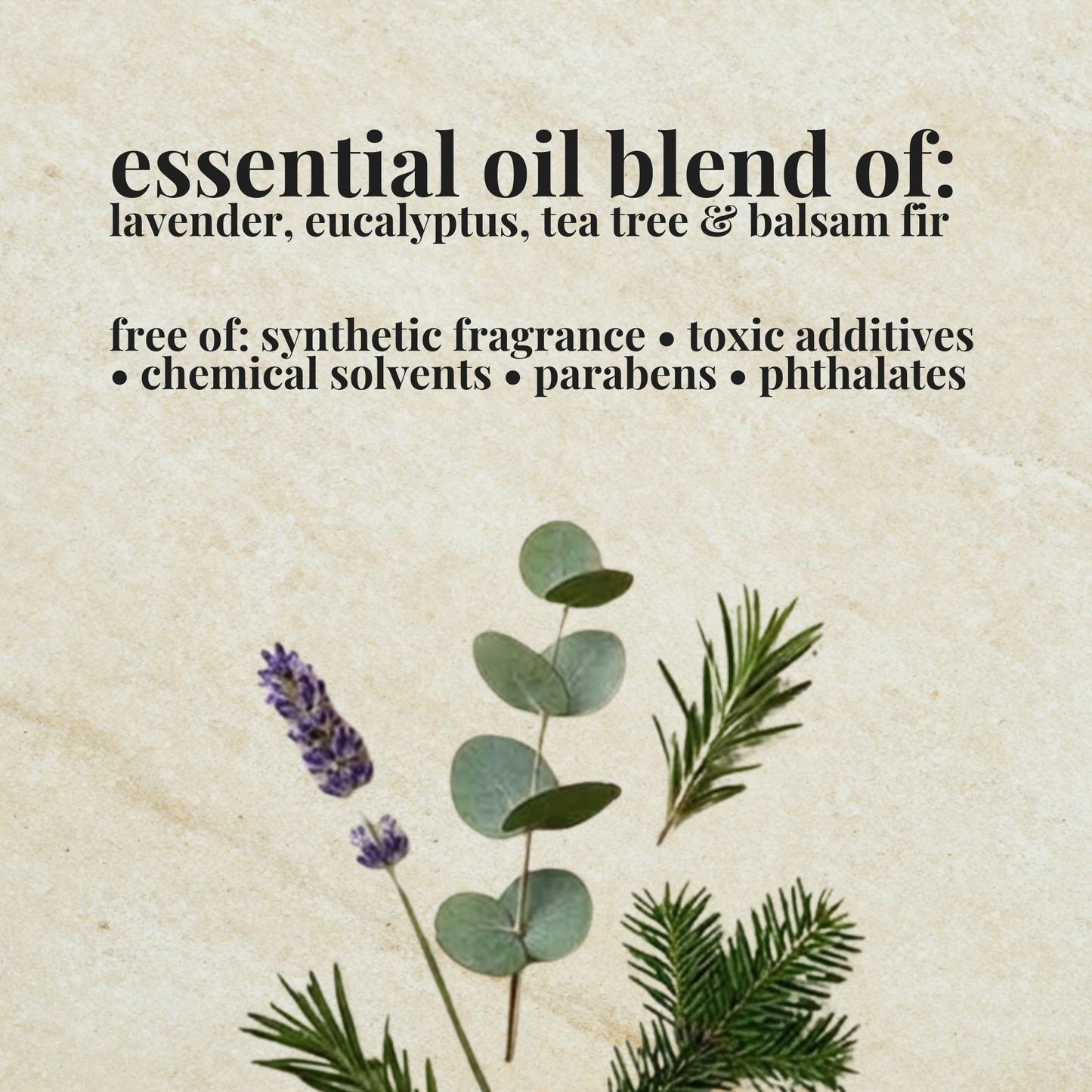 Aire Candle Co. Lav Eu Essential Oil Blend Ingredient List which includes Essential Oils of Lavender, Eucalyptus, Balsam Fir and Tea Tree.