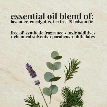 Aire Candle Co. Lav Eu Essential Oil Blend Ingredient List which includes Essential Oils of Lavender, Eucalyptus, Balsam Fir and Tea Tree.