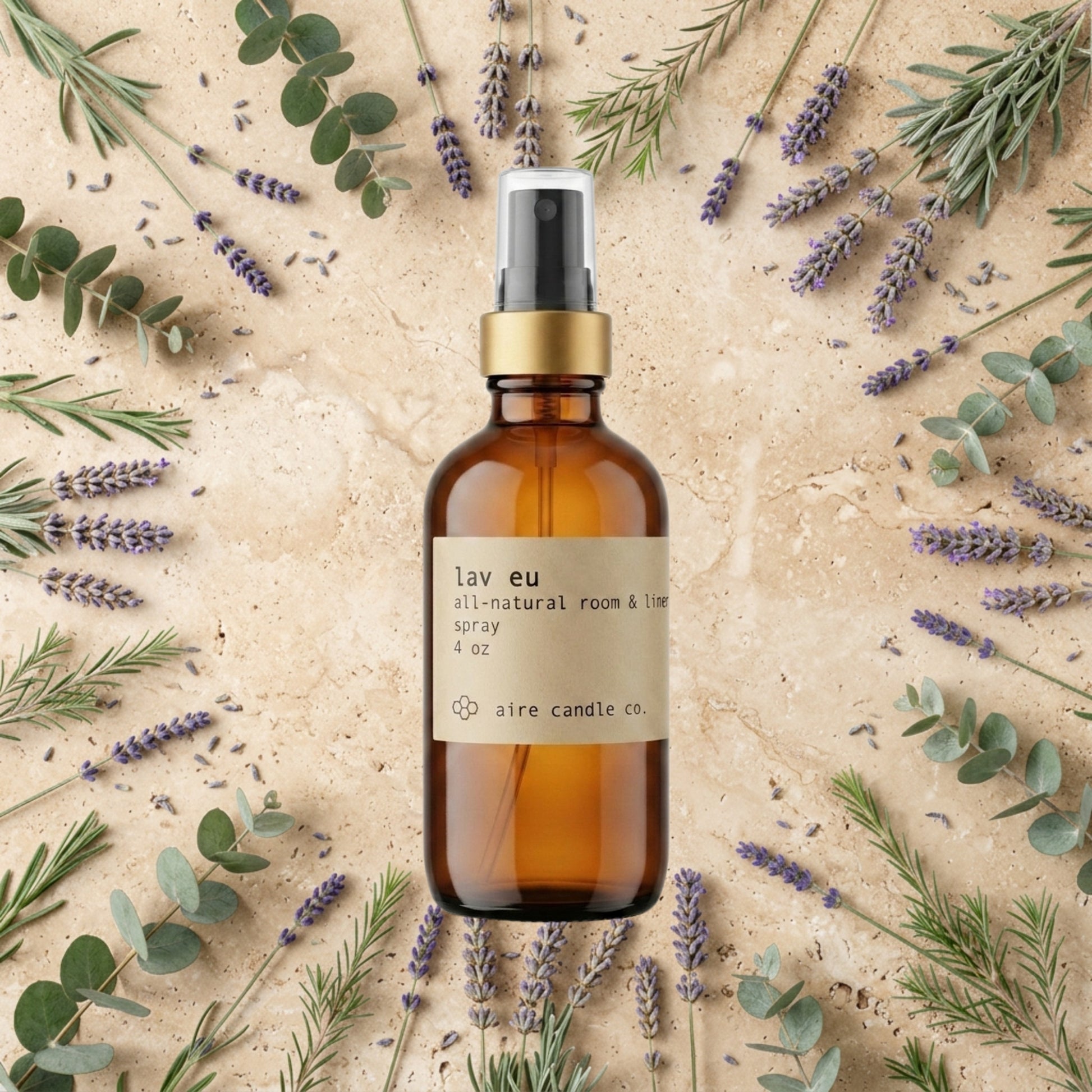 Aire Candle Co. Lav Eu Essential Oil Scented Room Spray Showcasing Scent Notes of Lavender, Eucalyptus, Balsam Fir and Tea Tree Essential Oils.