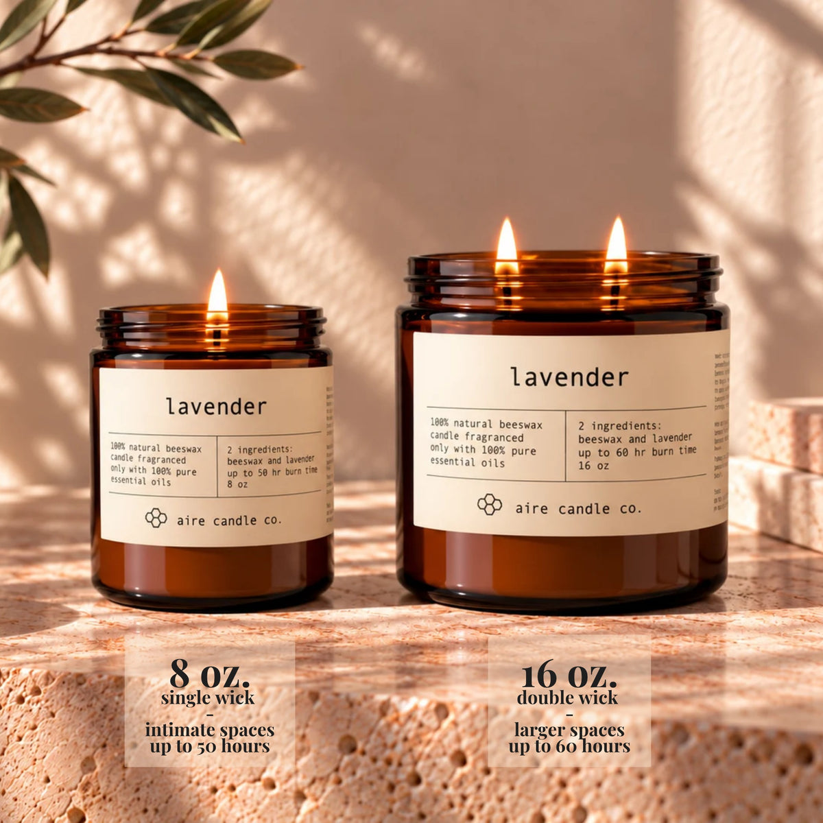 8 oz aire candle displayed next to the 16 oz beeswax candle. The 8 oz has a single wick and is intended for intimate spaces. It burns up to 50 hours. The 16 oz candle has two wicks and is intended for larger spaces. It burns up to 60 hours.