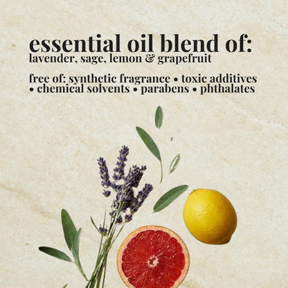 Aire Candle Co. Lavender & Sage Essential Oil Blend Ingredient List which includes Essential Oils of Lavender, Sage, Lemon & Grapefruit.