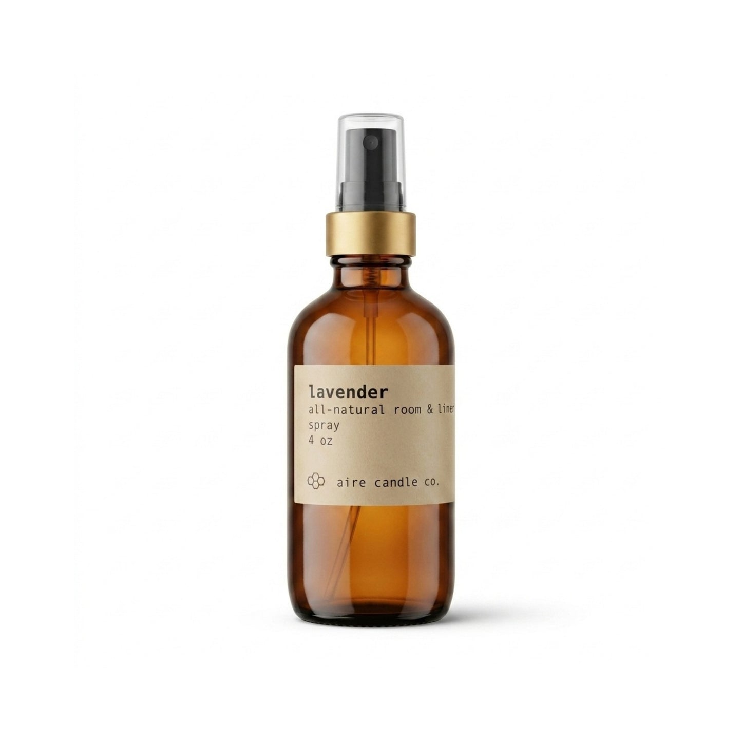 Aire Candle Co. Lavender Essential Oil Scented Room Spray Displayed Against a Clean White Background Housed in a Protective Amber Glass Bottle.
