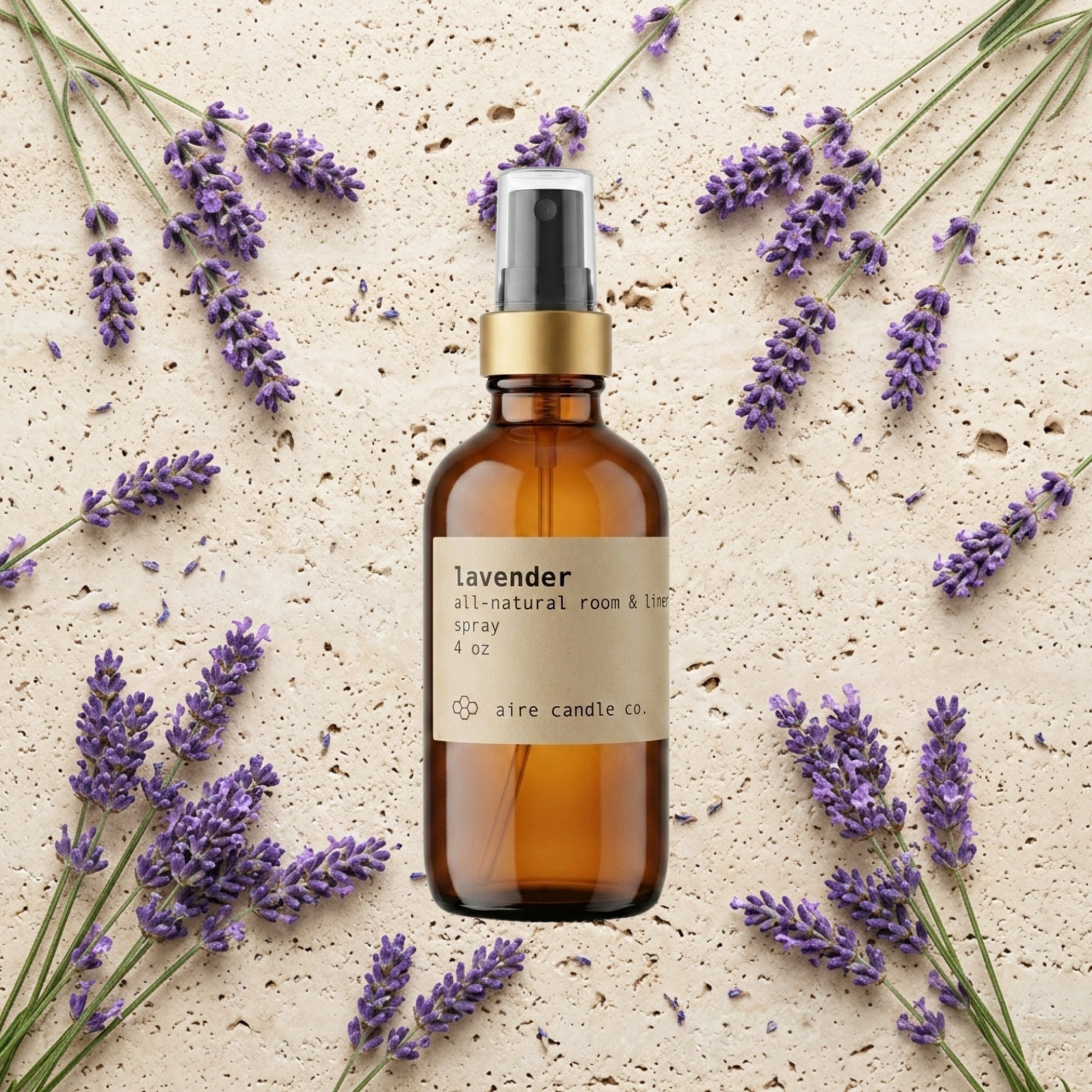 Aire Candle Co. Lavender Essential Oil Scented Room Spray Showcasing Scent Notes of Lavender Essential Oil.