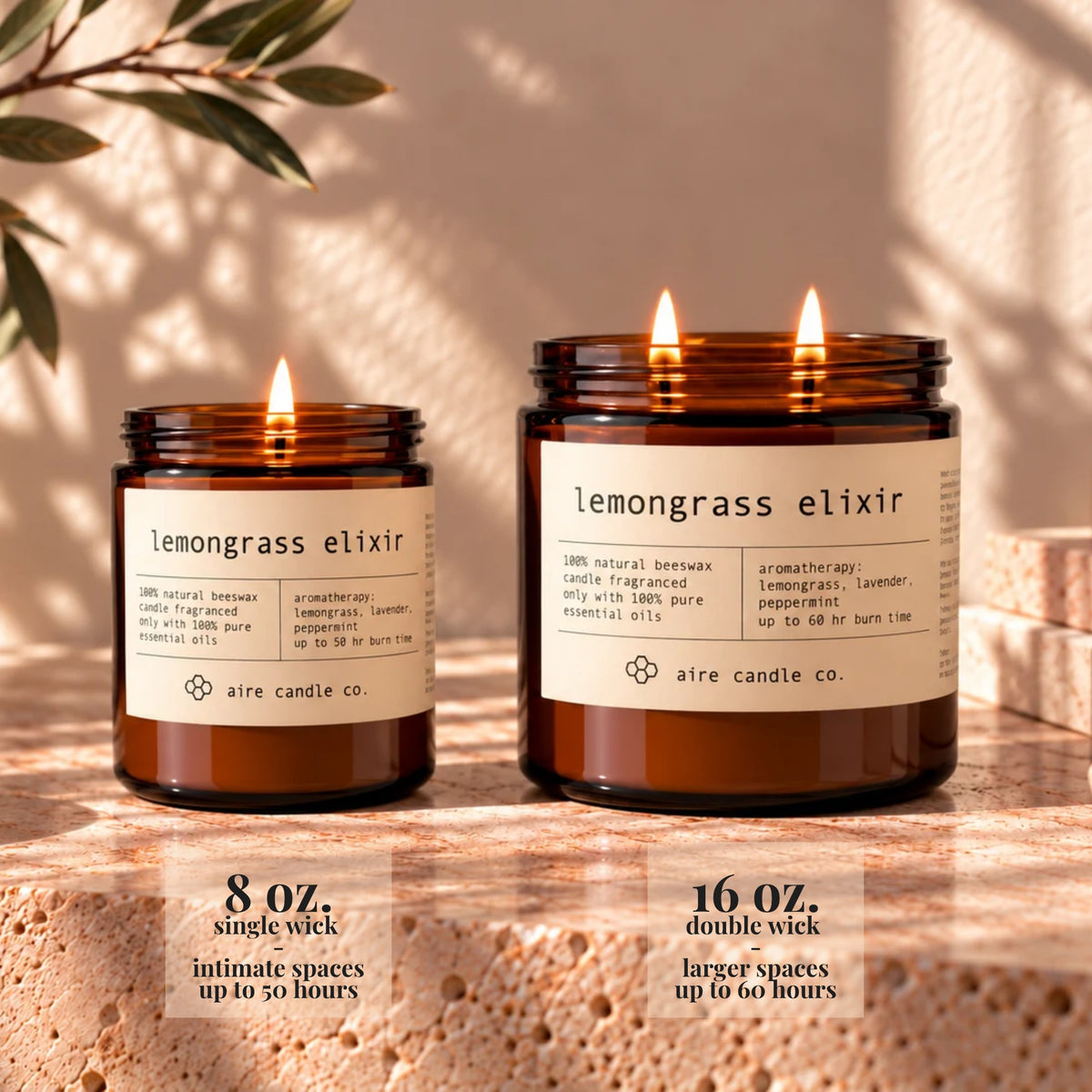 8 oz aire candle displayed next to the 16 oz beeswax candle. The 8 oz has a single wick and is intended for intimate spaces. It burns up to 50 hours. The 16 oz candle has two wicks and is intended for larger spaces. It burns up to 60 hours.