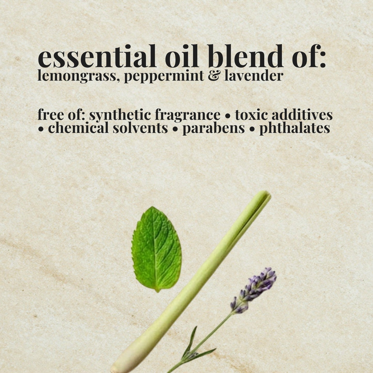 Aire Candle Co. Lemongrass Elixir Essential Oil Blend Ingredient List which includes Essential Oils of Lemongrass, Lavender and Peppermint.