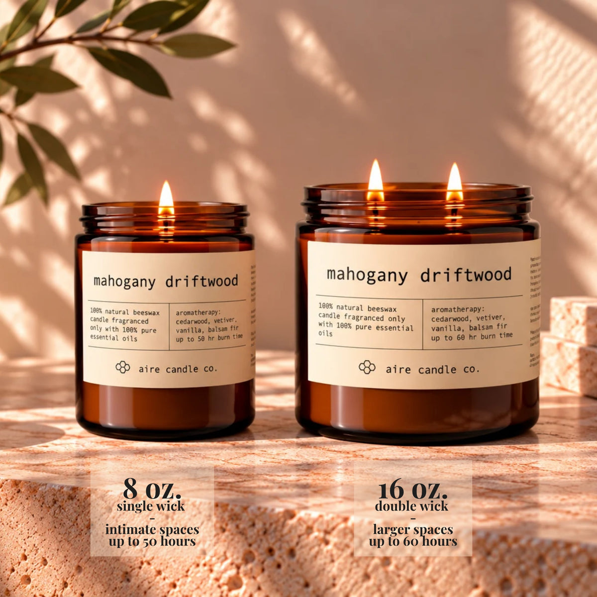 8 oz aire candle displayed next to the 16 oz beeswax candle. The 8 oz has a single wick and is intended for intimate spaces. It burns up to 50 hours. The 16 oz candle has two wicks and is intended for larger spaces. It burns up to 60 hours.