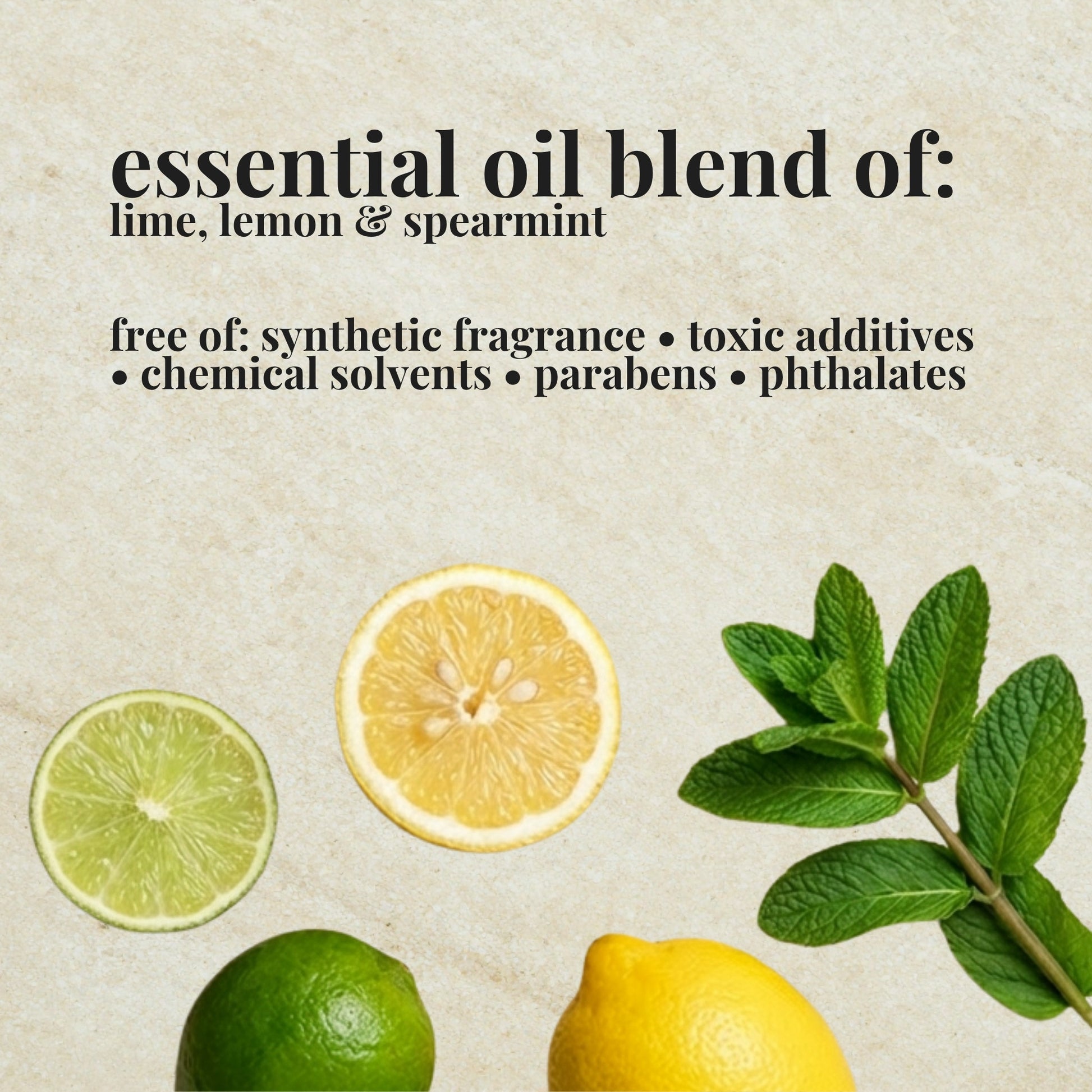 Aire Candle Co. Mojito Essential Oil Blend Ingredient List which includes Essential Oils of Lime, Lemon and Spearmint.