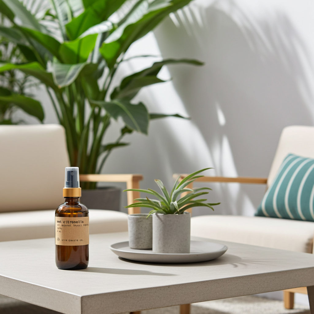 4 oz amber glass bottle of essential oil insect repellent on an outdoor coffee table with plants and a couch in the background