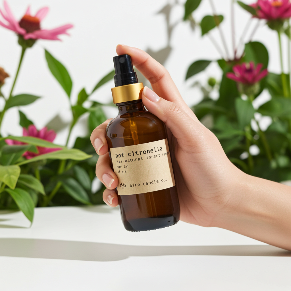 Hand holding a bottle of citronella spray with flowers in the background in an outdoor setting.