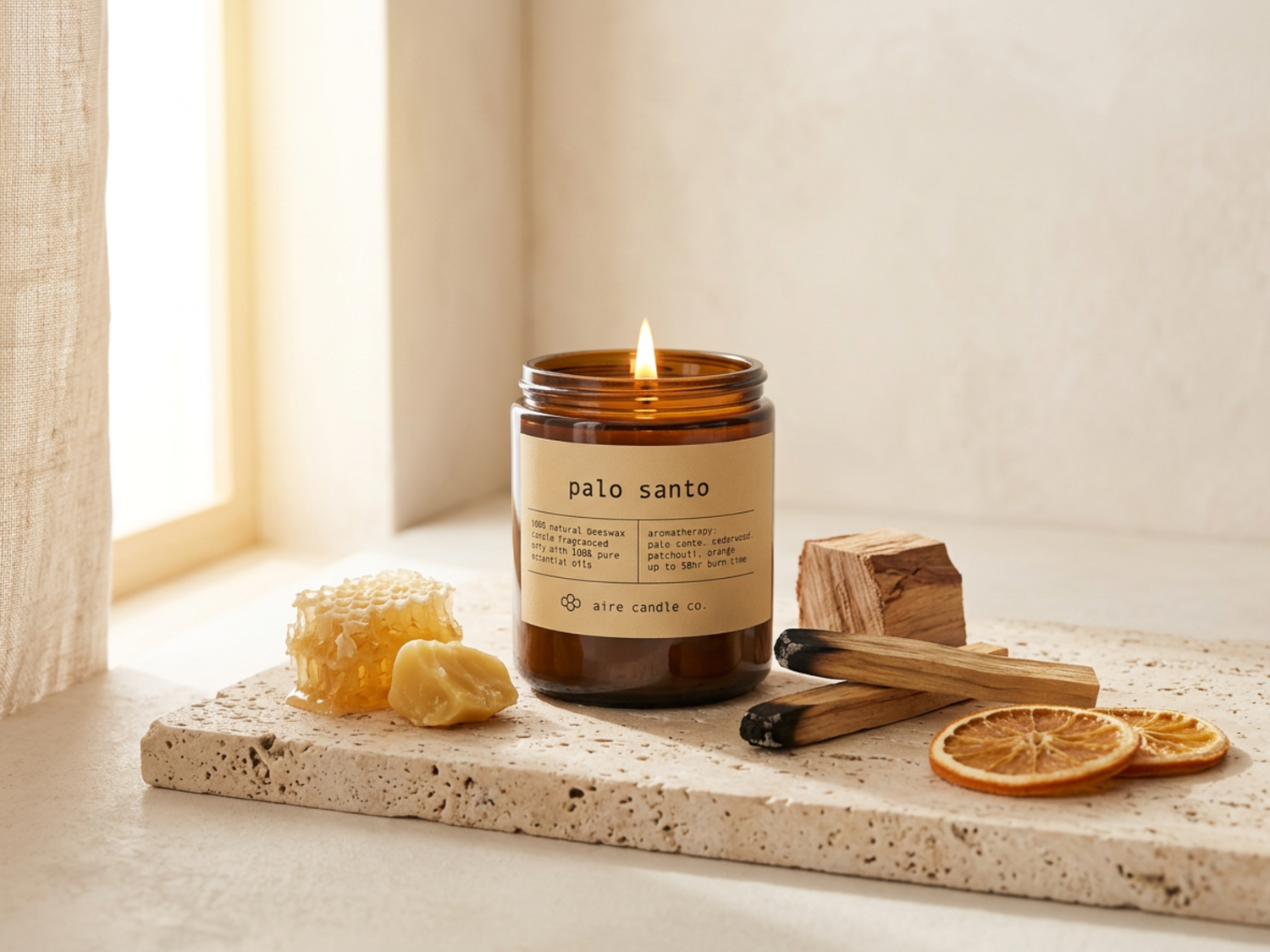 Aire Candle Co. Palo Santo Beeswax Candle next to scent notes of palo santo sticks, orange slices and cedarwood.