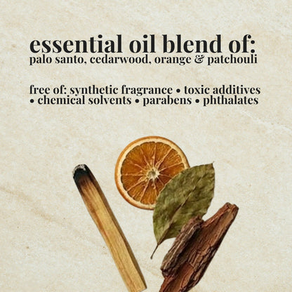 Aire Candle Co. Palo Santo Essential Oil Blend Ingredient List which includes Essential Oils of Palo Santo, Orange, Patchouli & Cedarwood.
