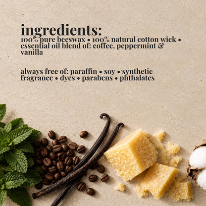 Ingredients list for aire candle co.'s peppermint mocha essential oil scented beeswax candle with natural materials on a textured background