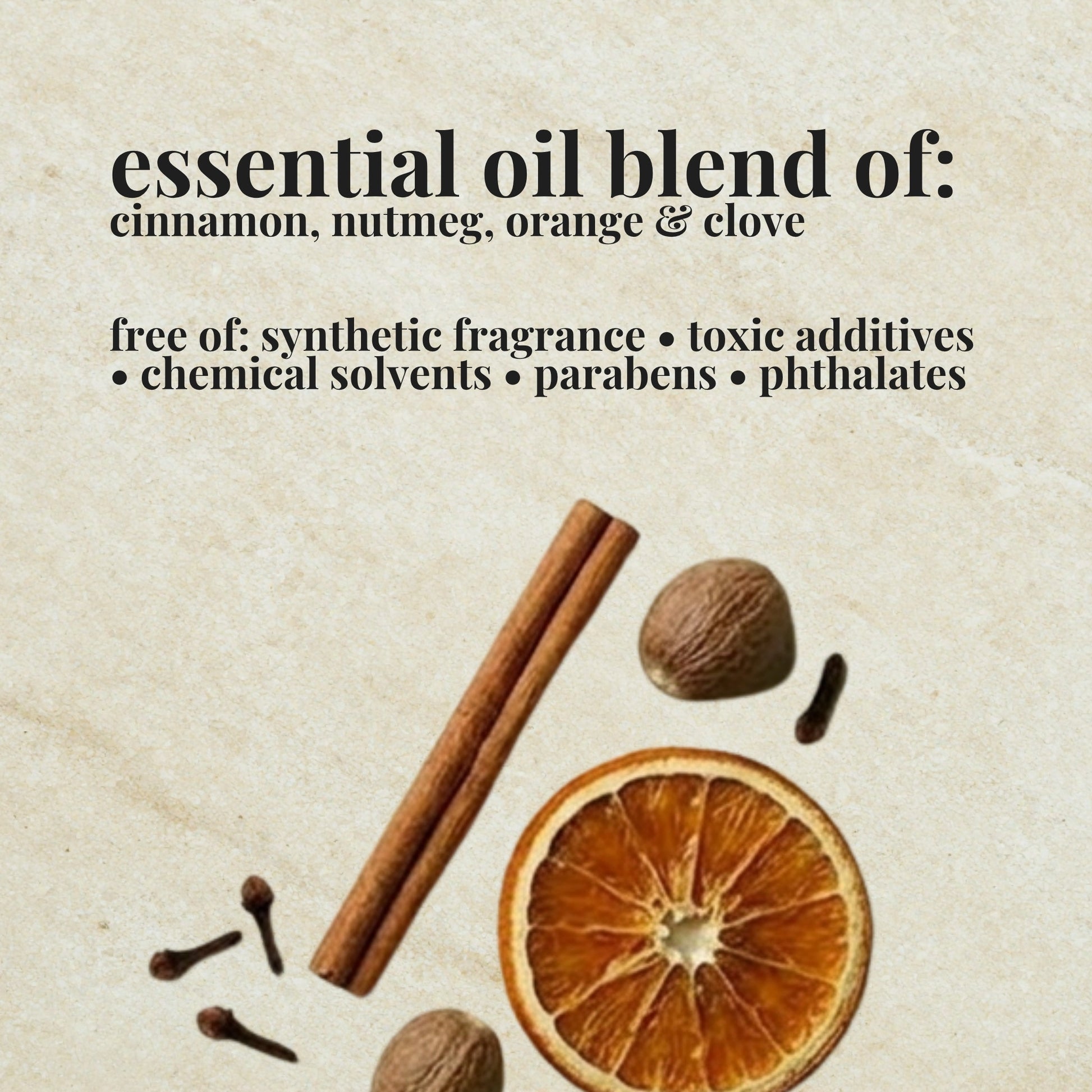 Aire Candle Co. Pumpkin Pie Essential Oil Blend Ingredient List which includes Essential Oils of Orange, Cinnamon, Nutmeg and Clove.
