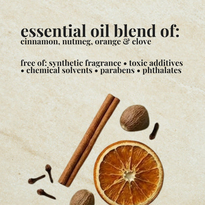 Aire Candle Co. Pumpkin Pie Essential Oil Blend Ingredient List which includes Essential Oils of Orange, Cinnamon, Nutmeg and Clove.