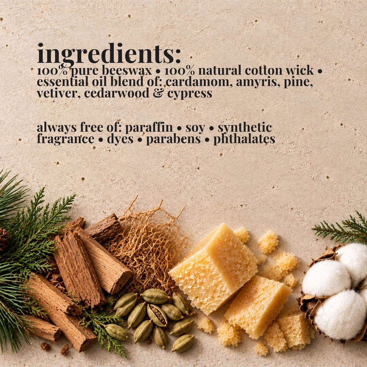 Ingredients list for aire candle co.'s santal & cardamom essential oil scented beeswax candle with natural materials on a textured background