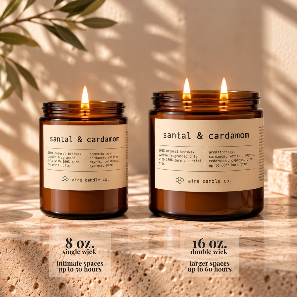 8 oz aire candle displayed next to the 16 oz beeswax candle. The 8 oz has a single wick and is intended for intimate spaces. It burns up to 50 hours. The 16 oz candle has two wicks and is intended for larger spaces. It burns up to 60 hours.