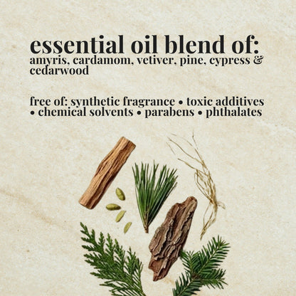 Aire Candle Co. Santal & Cardamom Essential Oil Blend Ingredient List which includes Essential Oils of Cardamom, Amyris, Vetiver, Pine, Cypress and Cedarwood.