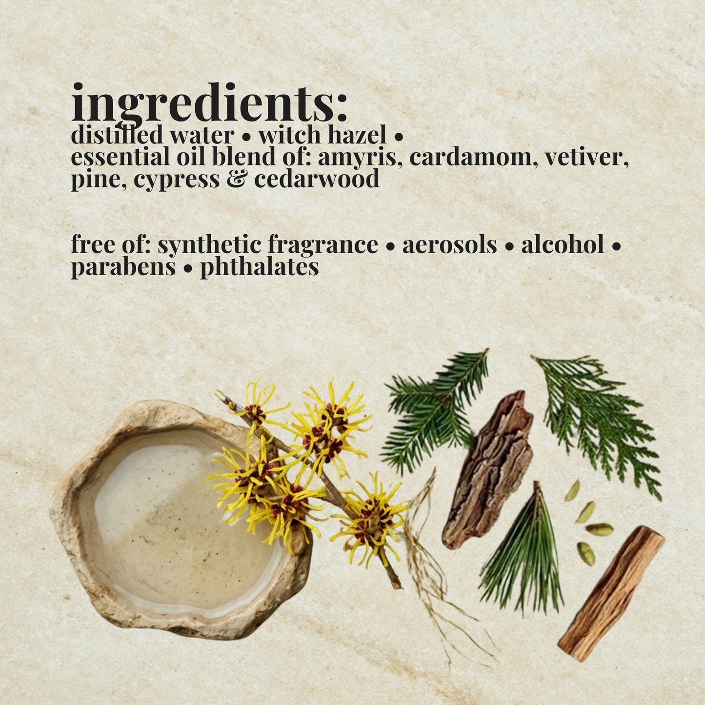 Aire Candle Co. Santal & Cardamom Essential Oil Scented Room Spray Ingredient List which includes Distilled Water, Witch Hazel and Essential Oils.