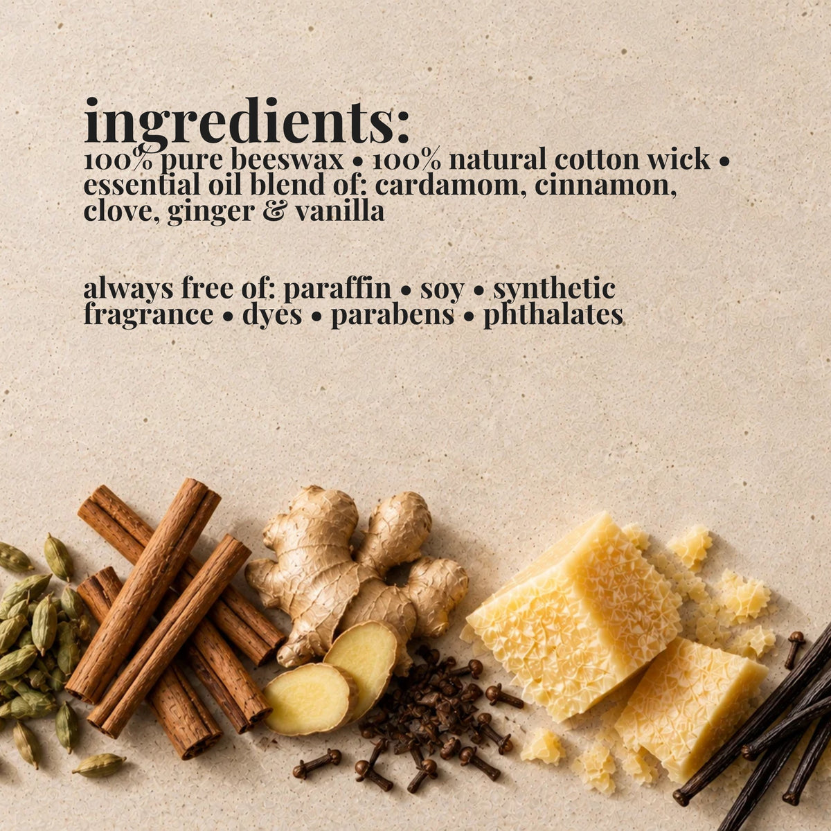 Ingredients list for aire candle co.'s spiced chai essential oil scented beeswax candle with natural materials on a textured background