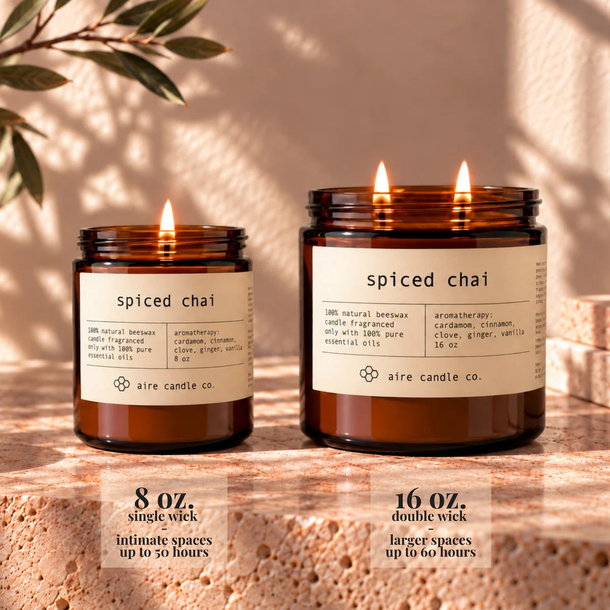 8 oz aire candle displayed next to the 16 oz beeswax candle. The 8 oz has a single wick and is intended for intimate spaces. It burns up to 50 hours. The 16 oz candle has two wicks and is intended for larger spaces. It burns up to 60 hours.