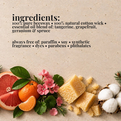 Ingredients list for aire candle co.'s sweet tang essential oil scented beeswax candle with natural materials on a textured background