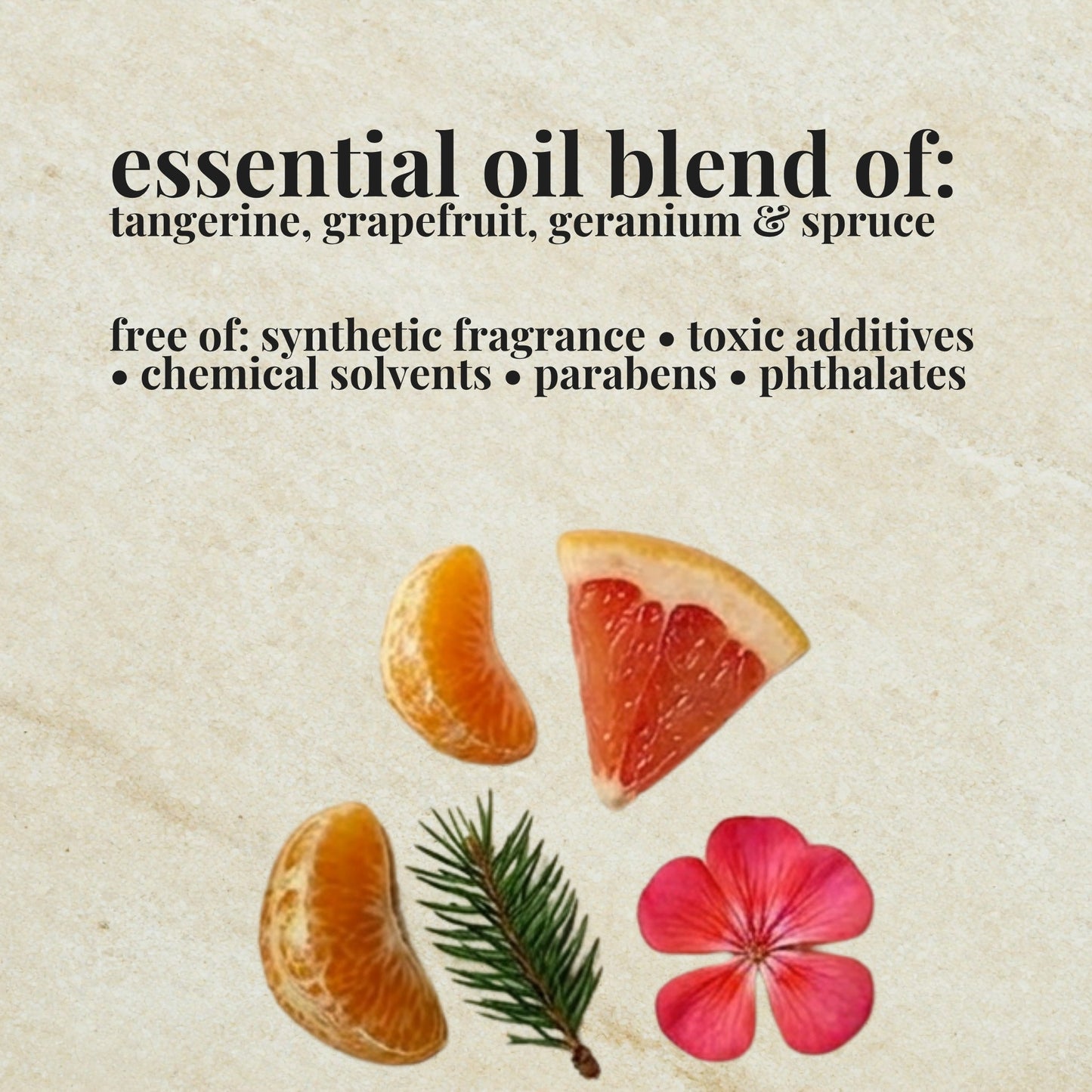 Aire Candle Co. Sweet Tang Essential Oil Blend Ingredient List which includes Essential Oils of Grapefruit, Tangerine, Spruce and Geranium.