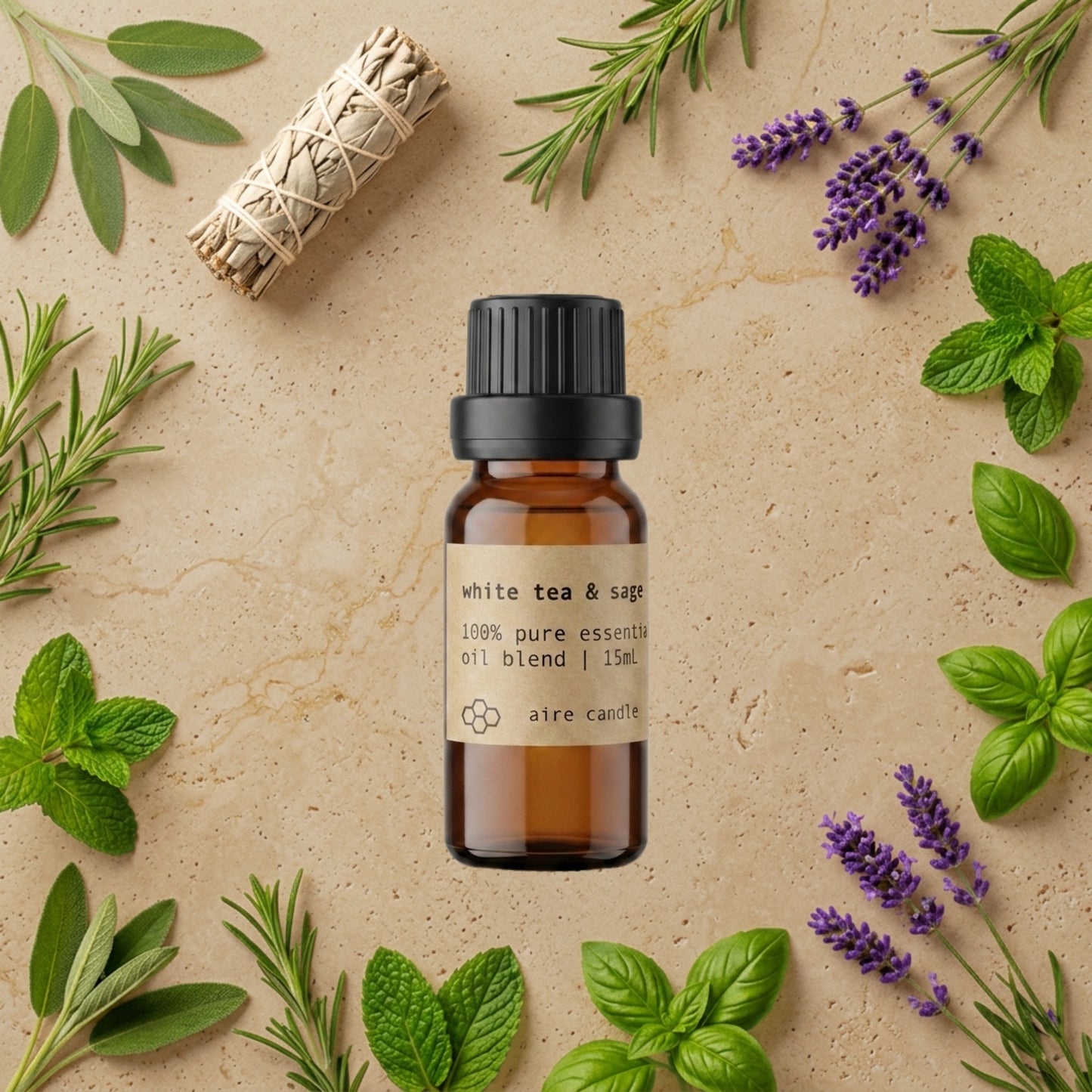 Bottle of Aire Candle Co. White Tea & Sage Essential Oil Blend Surrounded by Scent Notes of Clary Sage, Peppermint, Sage, Rosemary, Lavender and Basil Essential Oils on a Travertine Surface.