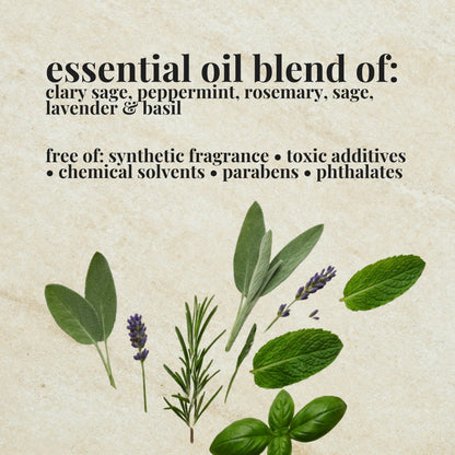 Aire Candle Co. White Tea & Sage Essential Oil Blend Ingredient List which includes Essential Oils of Clary Sage, Rosemary, Peppermint, Sage, Lavender and Basil.