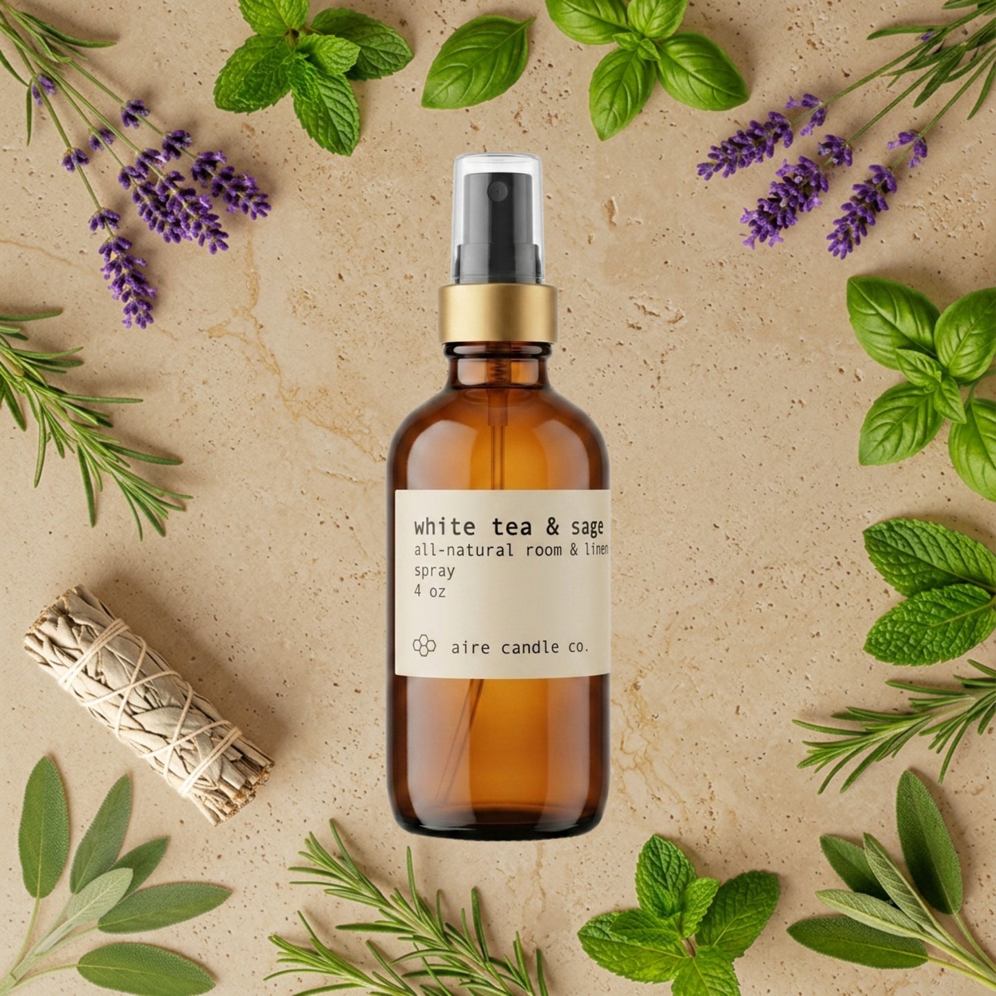 Aire Candle Co. White Tea & Sage Essential Oil Scented Room Spray Surrounded by Scent Notes of Clary Sage, Peppermint, Lavender, Basil, Sage and Rosemary Essential Oils.