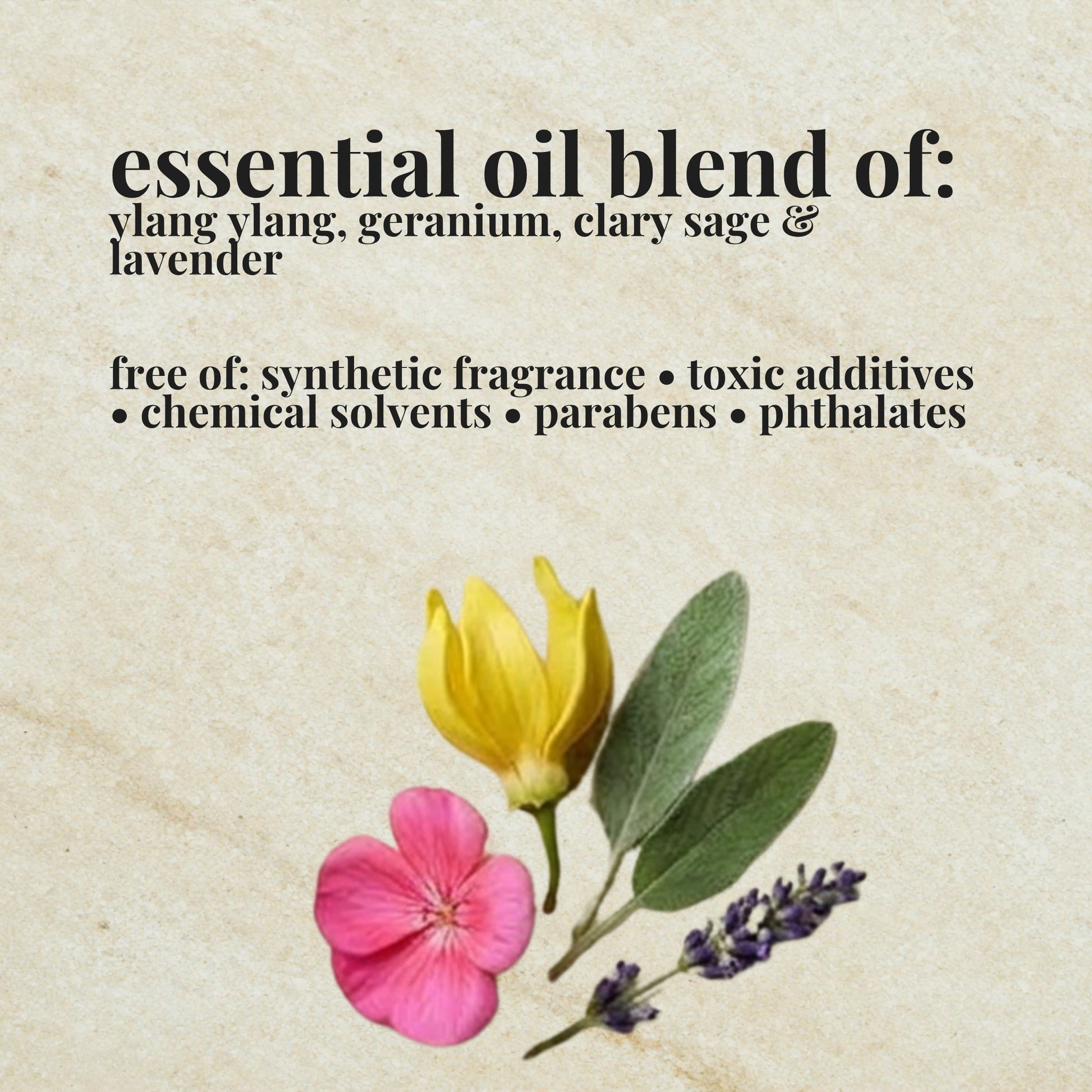 Aire Candle Co. Wildflowers Essential Oil Blend Ingredient List which includes Essential Oils of Ylang Ylang, Geranium, Lavender and Clary Sage.