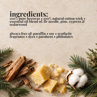 Ingredients list for aire candle co.'s balsam fir candle with natural materials on a textured background