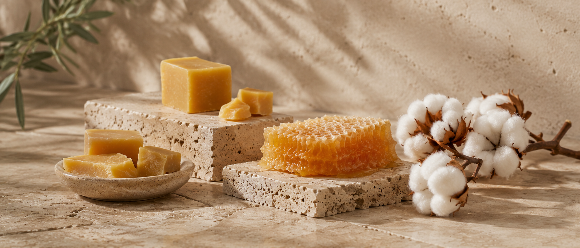 Natural beeswax products on a wooden surface with cotton and olive branches.