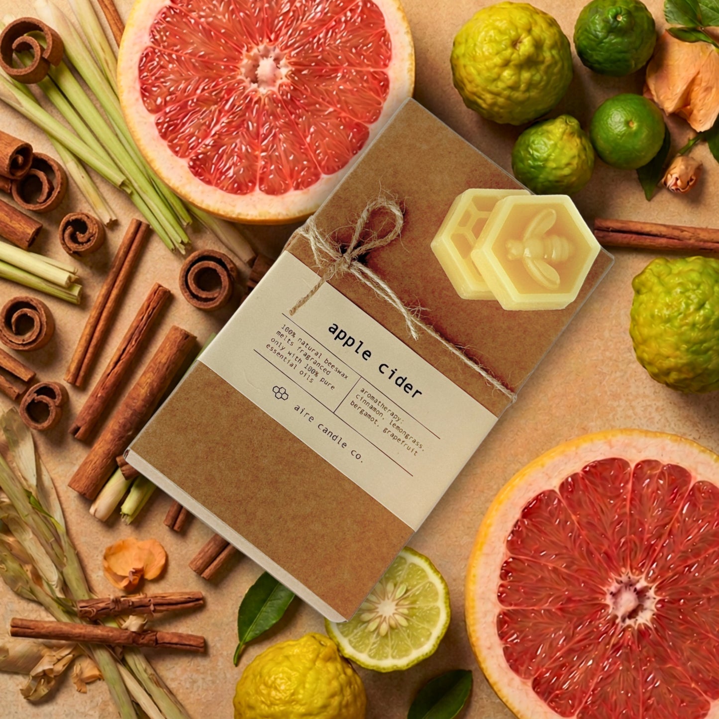 A kraft paper wax melts package tied with twine sits on a beige surface surrounded by citrus slices, cinnamon sticks, and lemongrass. Two yellow hexagonal wax melts rest on top of the package.