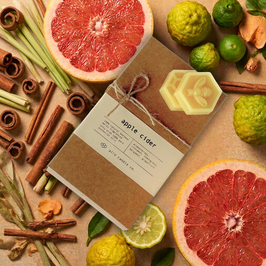 A kraft paper wax melts package tied with twine sits on a beige surface surrounded by citrus slices, cinnamon sticks, and lemongrass. Two yellow hexagonal wax melts rest on top of the package.
