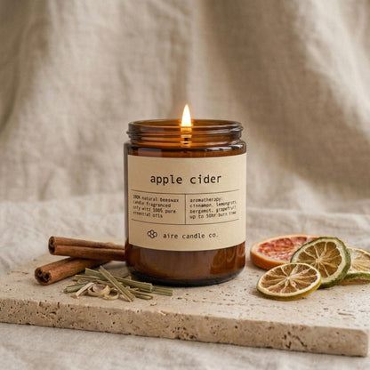 An amber glass jar candle with a lit flame sits on a stone slab, surrounded by cinnamon sticks, lemongrass sprigs, dried citrus slices, and a neutral linen backdrop. The label reads 'apple cider' and shows the brand aire candle co.