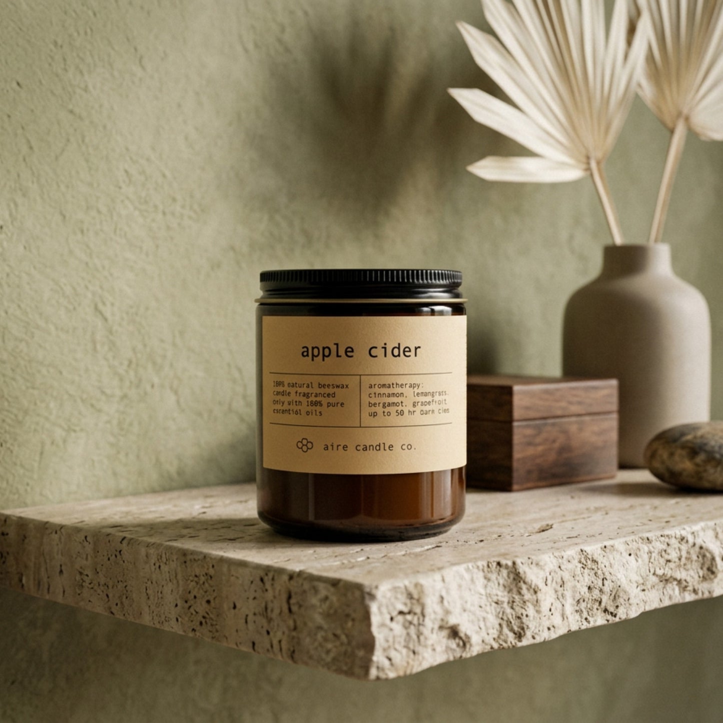 A jar beeswax candle labeled 'apple cider' by aire candle co. sits on a stone shelf in a styled interior setting with a textured wall, ceramic vase, dried palm leaves, and a wooden block.