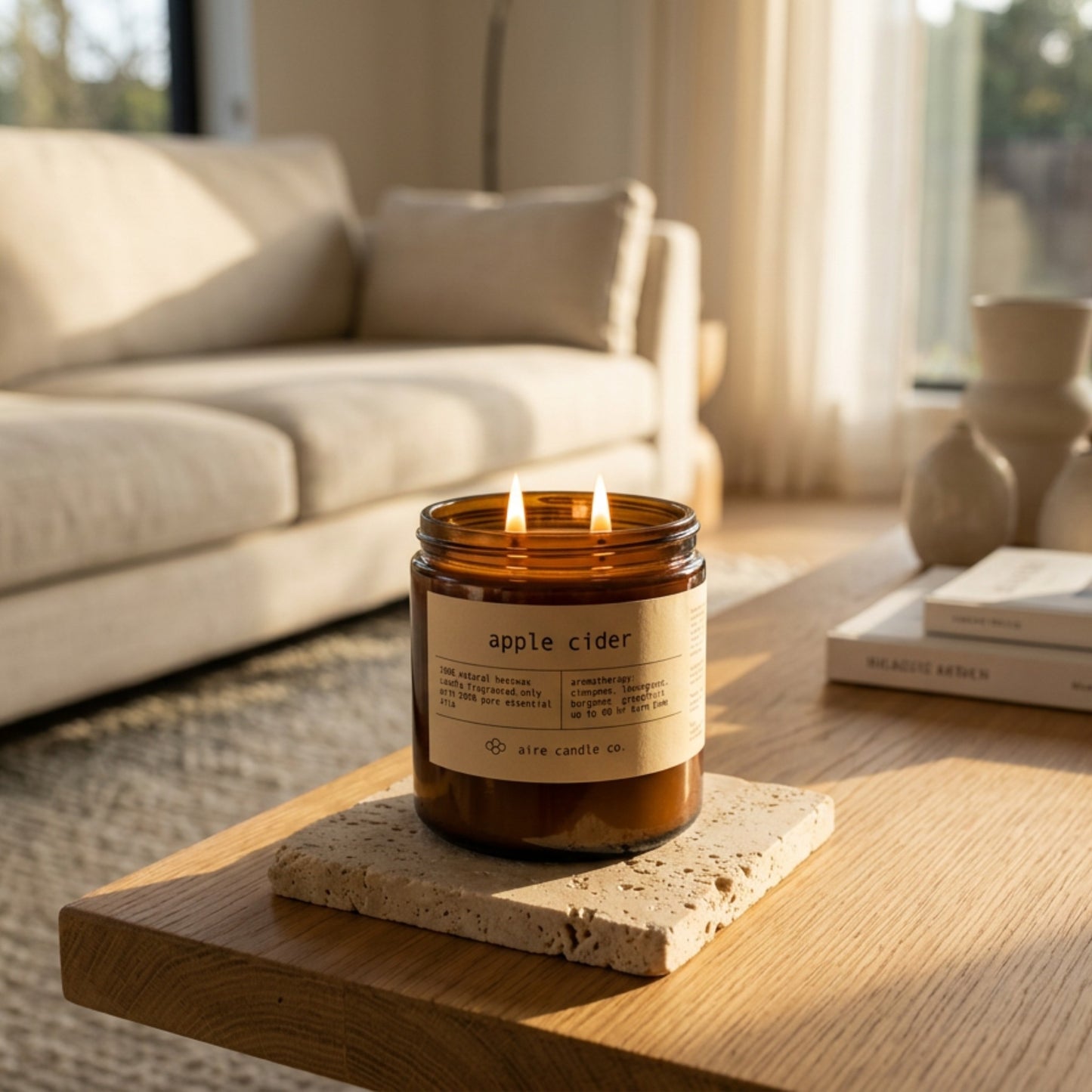 An amber glass jar candle labeled 'apple cider' by Aire Candle Co. sits lit on a stone coaster on a wooden table in a softly lit living room.