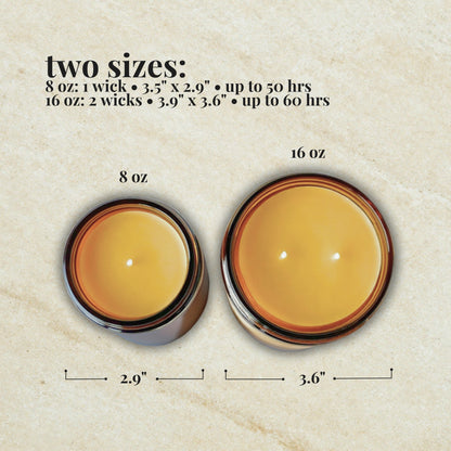 Two beeswax candles with measurements and sizes displayed on a textured beige background