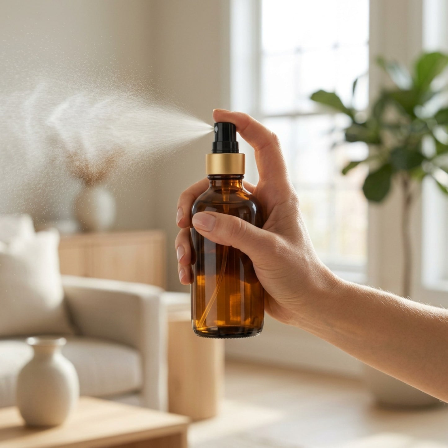 Hand holding a brown spray bottle with gold cap in a bright living room.