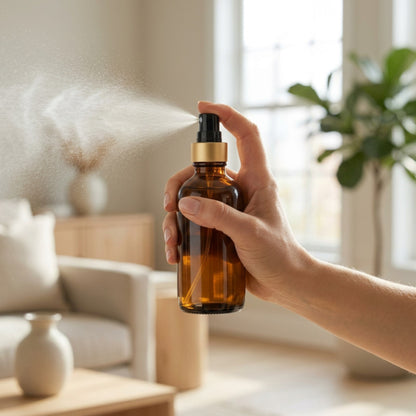 Hand holding a brown spray bottle with gold cap in a bright living room.