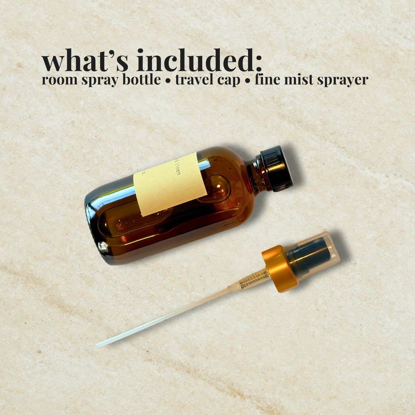 Brown room spray bottle with travel cap and fine mist sprayer on a beige background