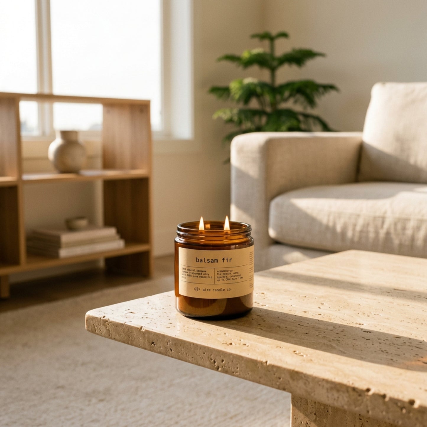 16 oz beeswax candle by aire candle co. labeled 'balsam fir' on a travertine surface in a cozy living room.